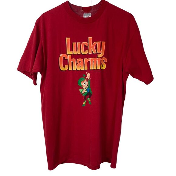 Vintage 90s Lucky Charms Cereal T Shirt Large Red Leprechaun Cotton Made In USA - Picture 2 of 6